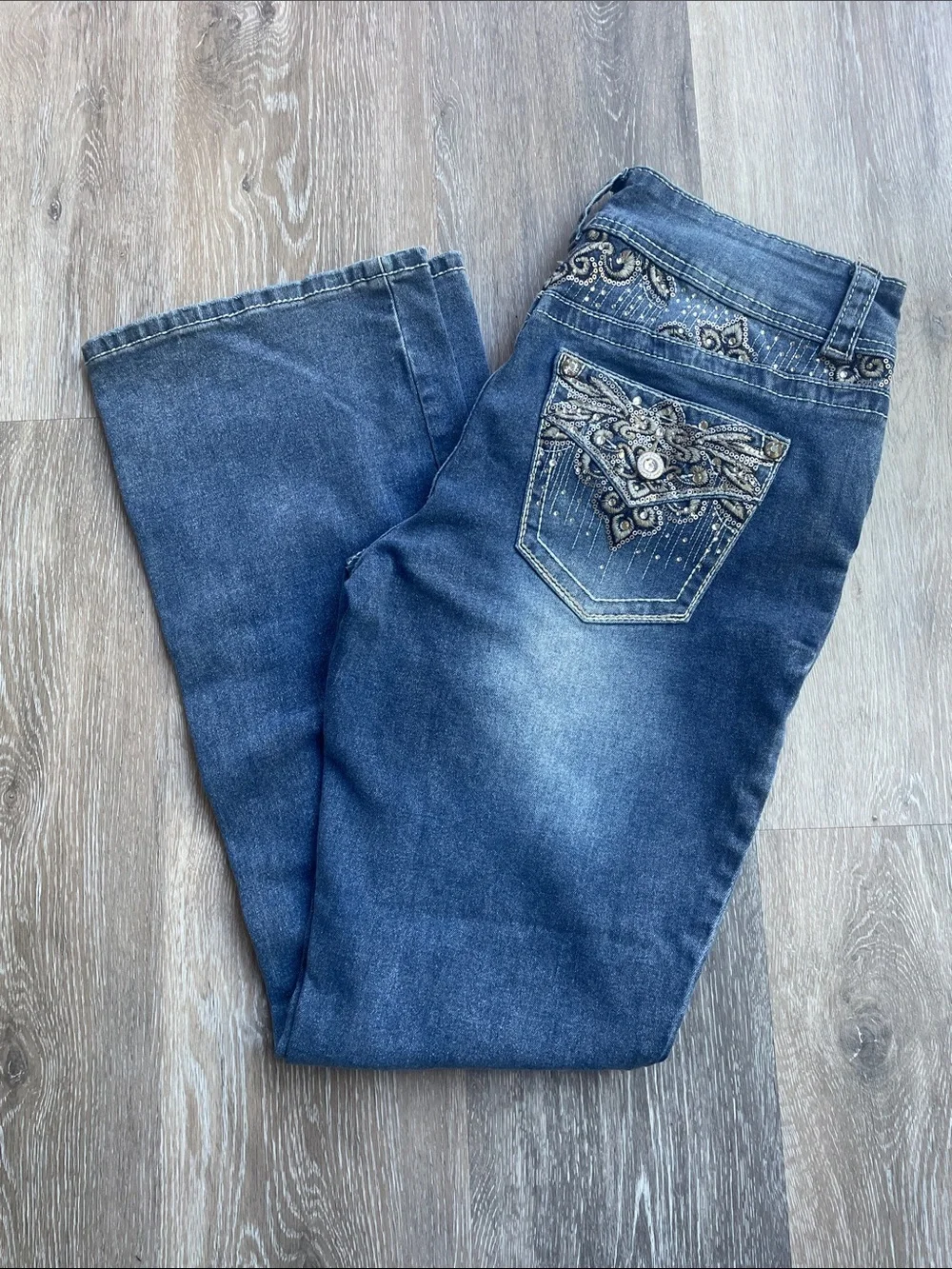 Embellished Dark Blue Thick Stitch Flare Bootcut Curvy Jeans for Women Sz 10